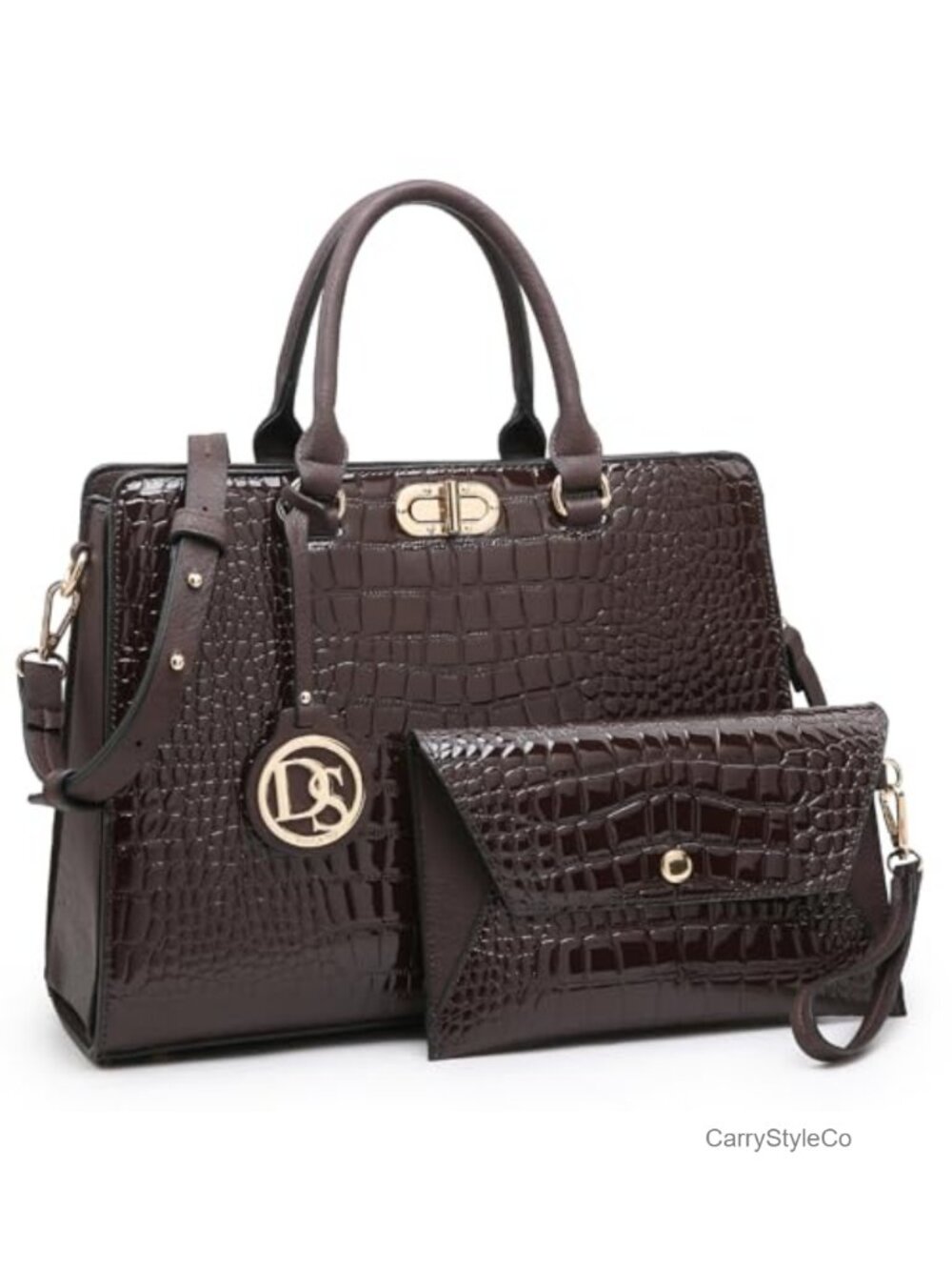 Vegan Leather Crocodile Print Satchel Tote with Matching Clutch, Gold Hardware